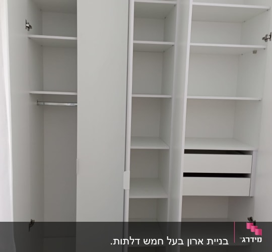 Open white wardrobe with shelves and drawers